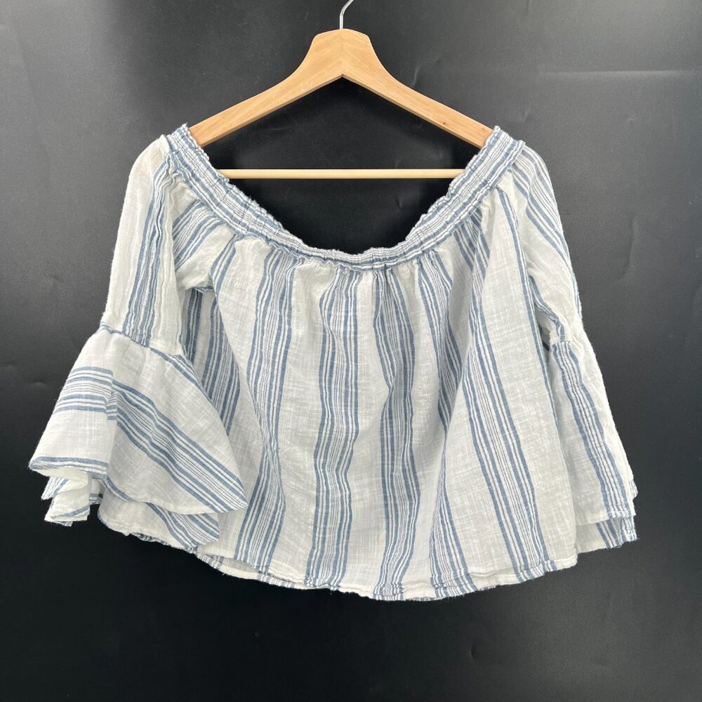 Lucky Brand bell sleeve off the shoulder cotton crop top beachy coastal blue M - Picture 10 of 11